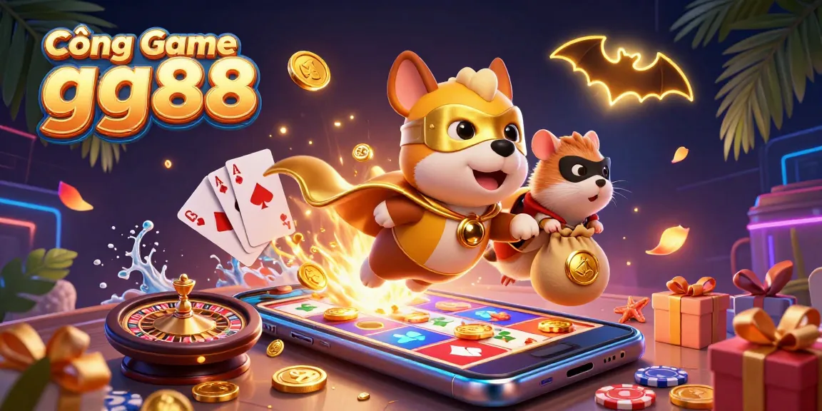 Cổng Game gg88 showcases a dynamic scene with a superhero dog and hamster, embodying excitement in online gaming.