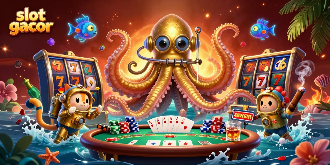 Menghadirkan permainan slot gacor, kraken kartun raksasa muncul dari lautan harta, lengkap dengan simbol keberuntungan dan elemen perjudian.