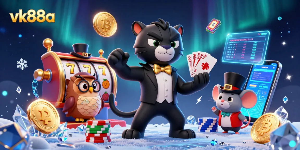 Play exciting games at vk88a with a stylish panther dealer and friends amid vibrant casino elements.