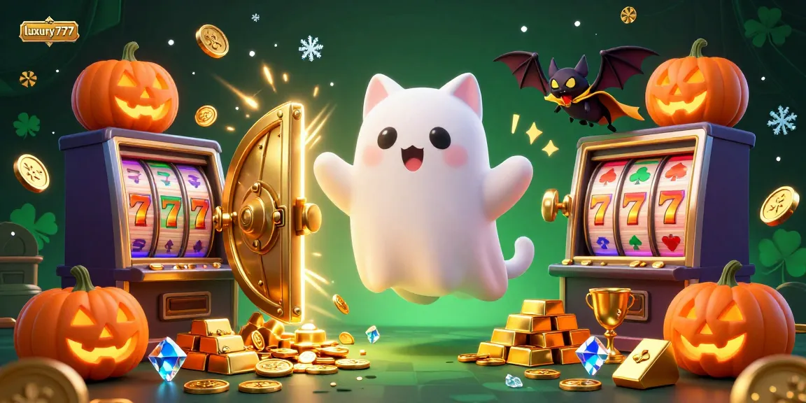 Win big with luxury777 in this vibrant haunted casino scene packed with treasures!