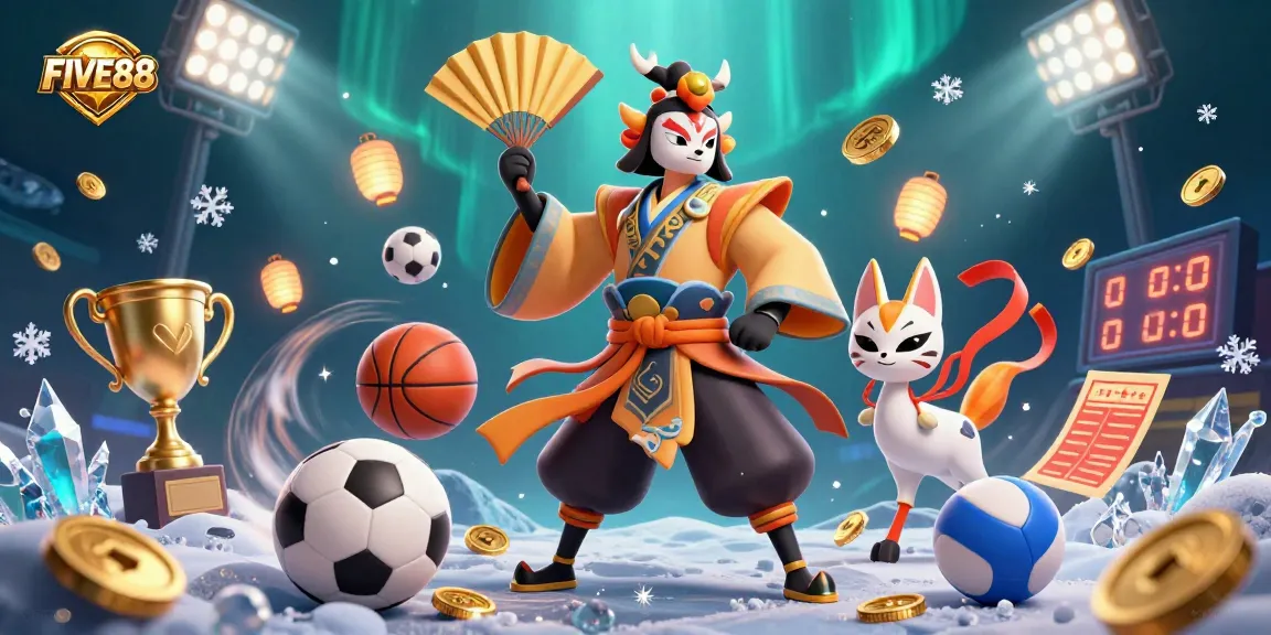 Experience the thrill of FIVE88 with a kabuki warrior and kitsune amidst dynamic sports elements.