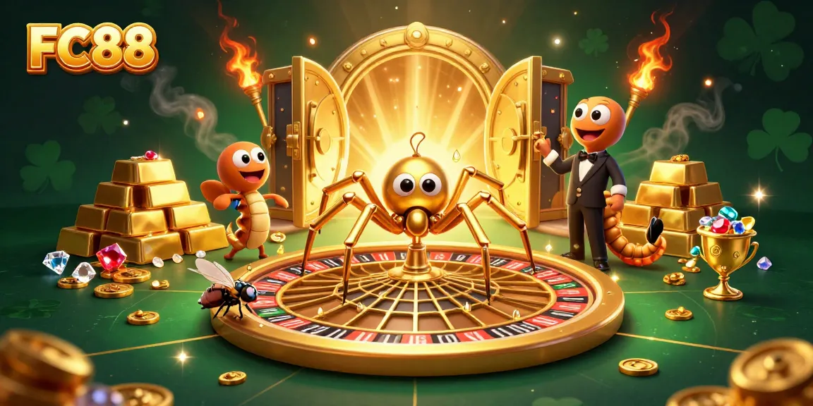 Experience thrilling bets at FC88 with a golden spider and a roulette wheel, surrounded by treasure.