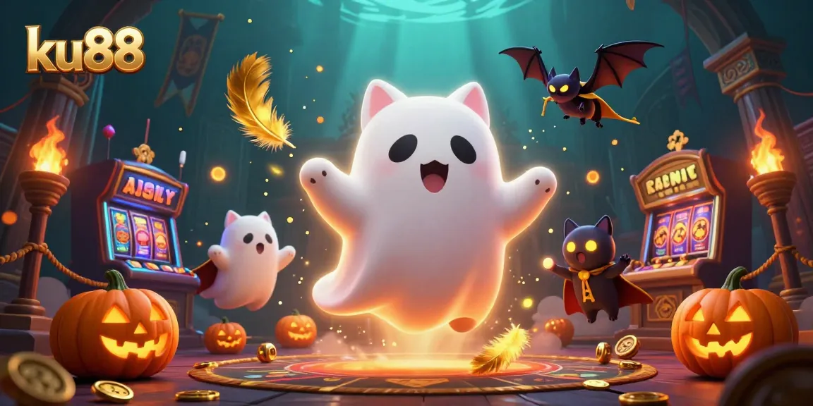 Experience excitement at ku88 with a ghost cat, bat, and glowing poker-themed jack-o-lanterns.