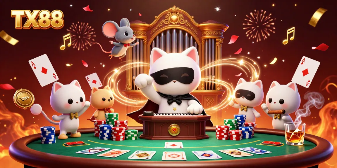 Win big with TX88 at a dynamic casino illustrated scene featuring a phantom cat and mouse acrobat.