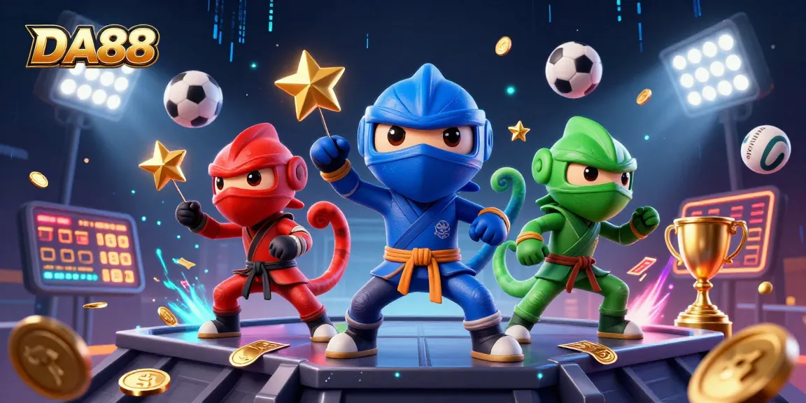 Experience the thrill of DA88 with ninja chameleons showcasing synchronized martial arts in a dynamic casino scene.