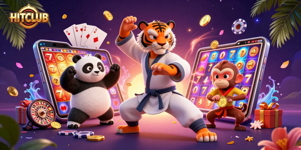 Spin to win at HITCLUB with a dynamic 3D scene featuring a kung fu tiger, panda, and monkey amidst vibrant game elements.