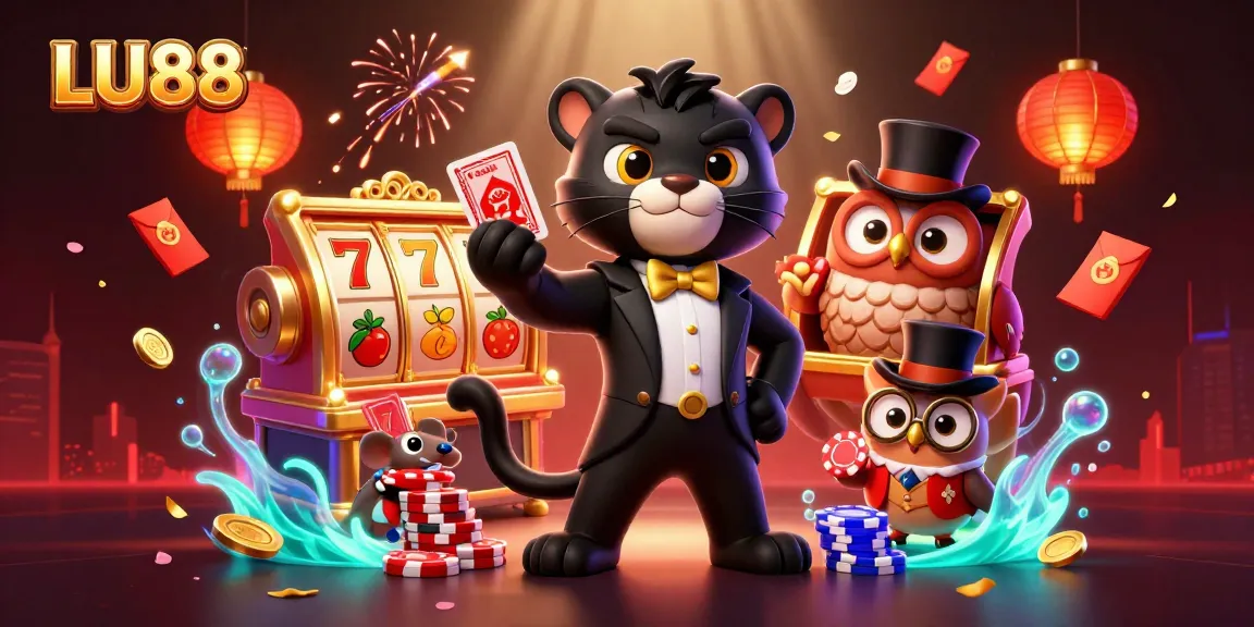 LU88 card dealer in a vibrant casino scene with a stylish panther, owl, and a lucky mouse.