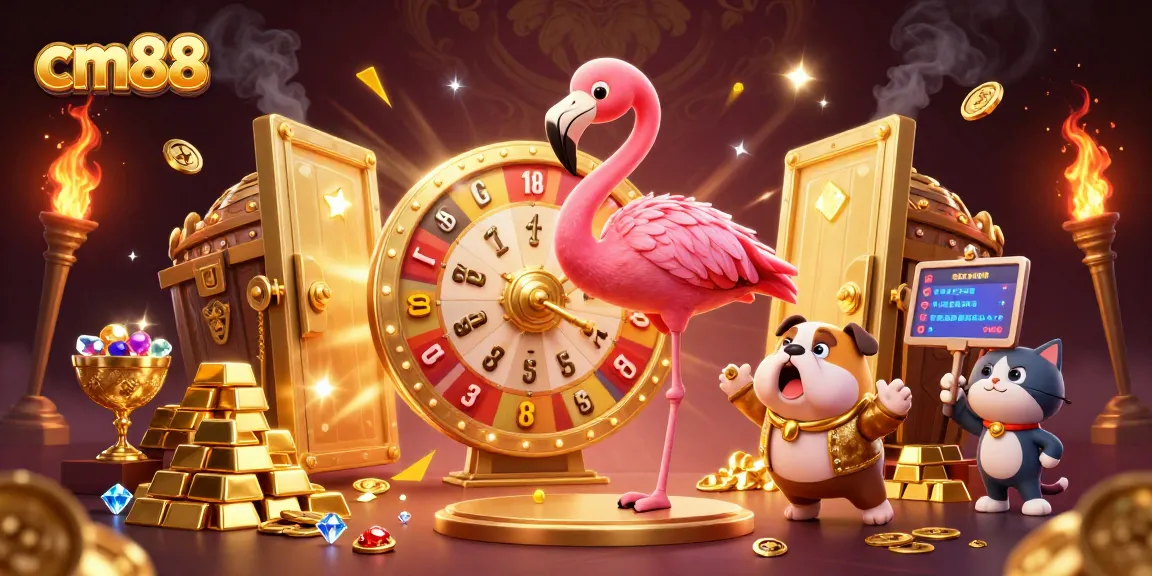 Spin the giant prize wheel with cm88's exciting contest, featuring a flamingo host and a bulldog contestant.