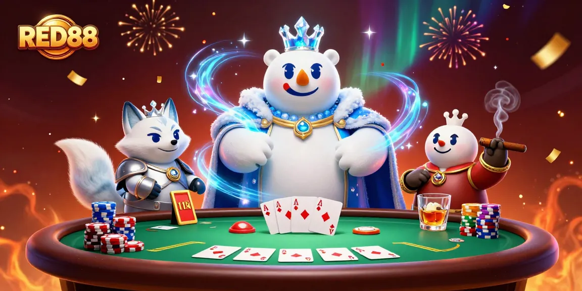 Experience winning at RED88 with our lively casino scene featuring poker chips and vibrant characters.