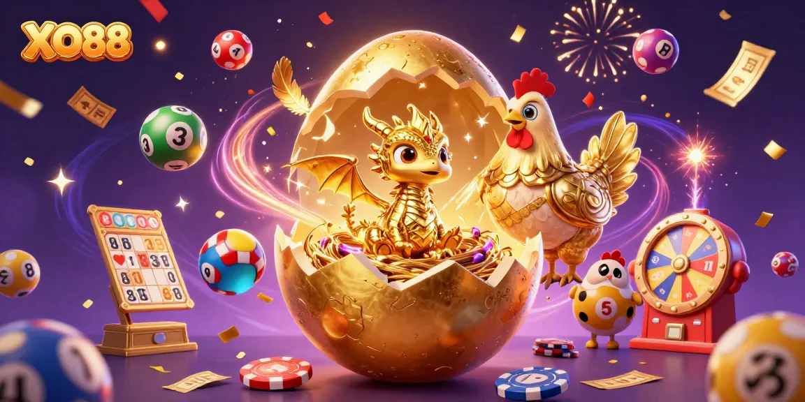 Play exciting games at XO88, featuring a golden dragon, poker chips, and dynamic lottery elements.