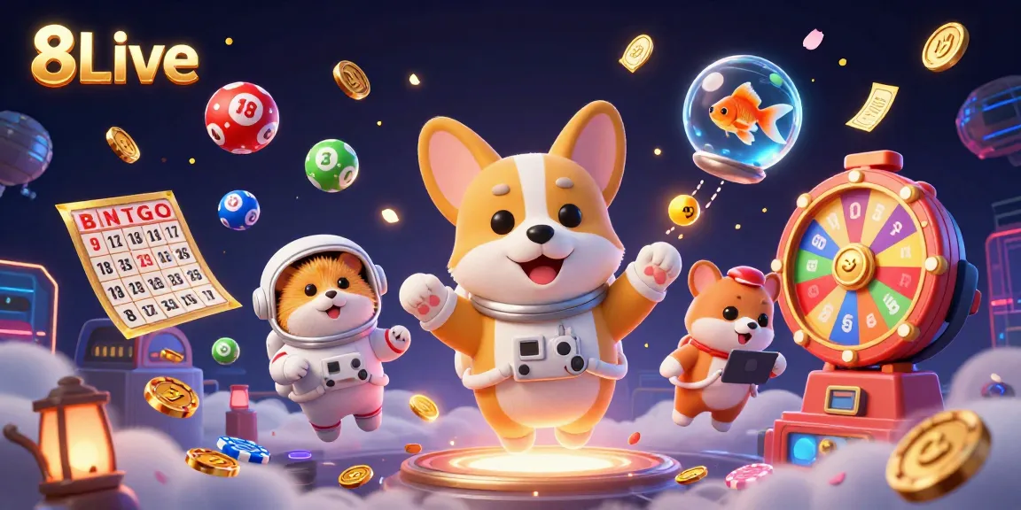 8Live engages players in thrilling adventures with a dynamic casino-themed illustration featuring exciting lottery elements.
