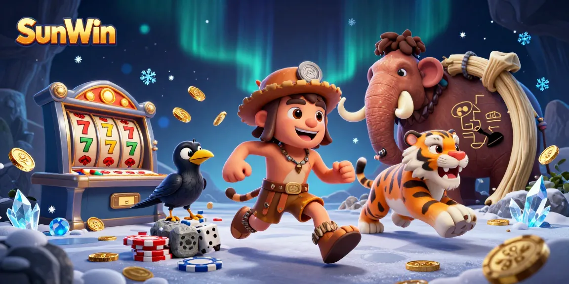 Experience the vibrant and lively SunWin casino atmosphere with unique prehistoric characters.