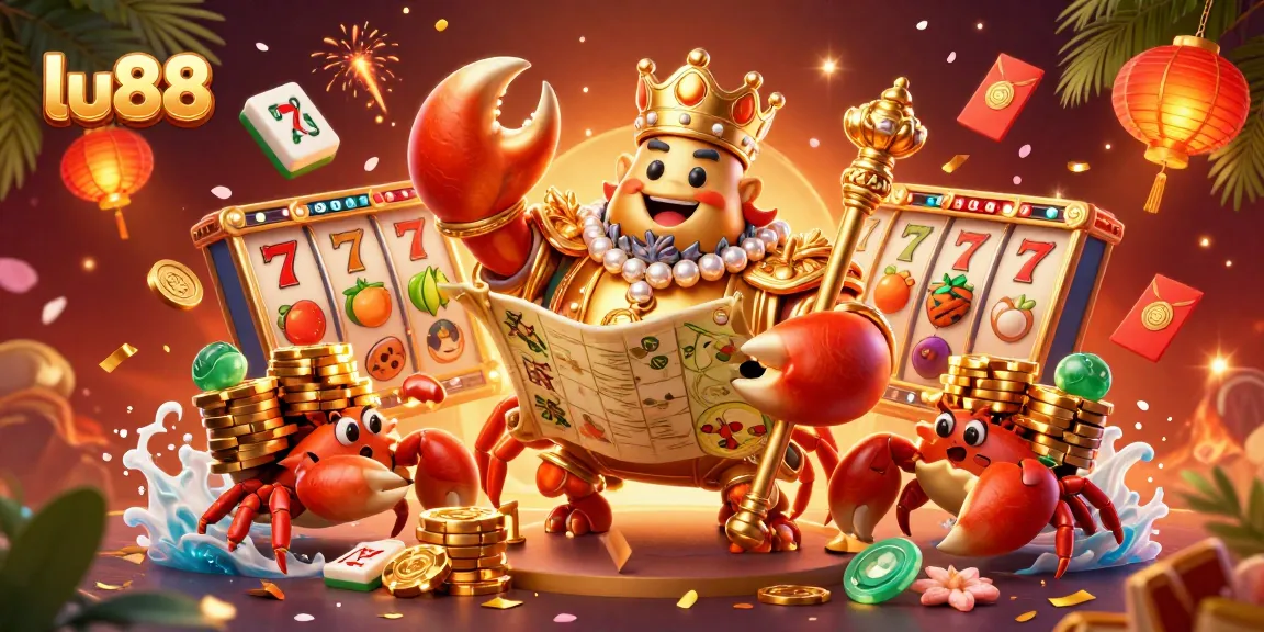Experience the vibrant world of lu88 online gaming with a vivid scene featuring a golden crab emperor, slot elements and rich decorations.
