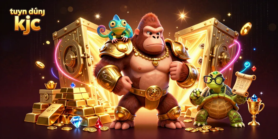 Tuyển dụng KJC offers exciting job opportunities in a vibrant casino atmosphere, featuring animated characters engaged in gambling.