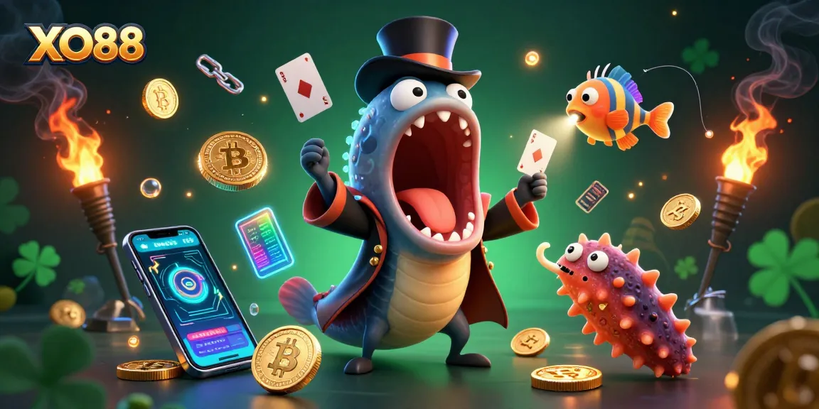 Engage with XO88's magical card tricks featuring sea creatures in a vibrant underwater casino scene.