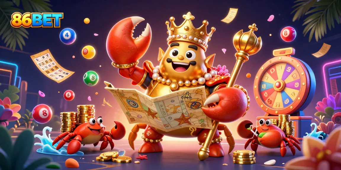 Join the excitement at 86BET, where a golden crab emperor dominates a colorful gambling scene