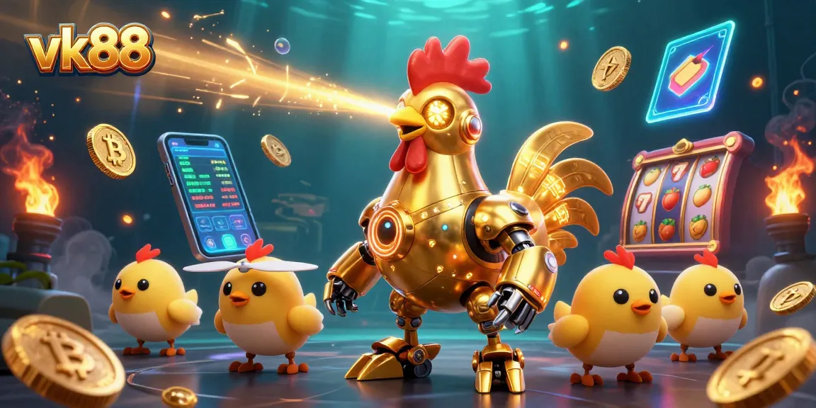 Engage with vk88's thrilling casino experience featuring a vibrant 3D illustration of a golden rooster robot.