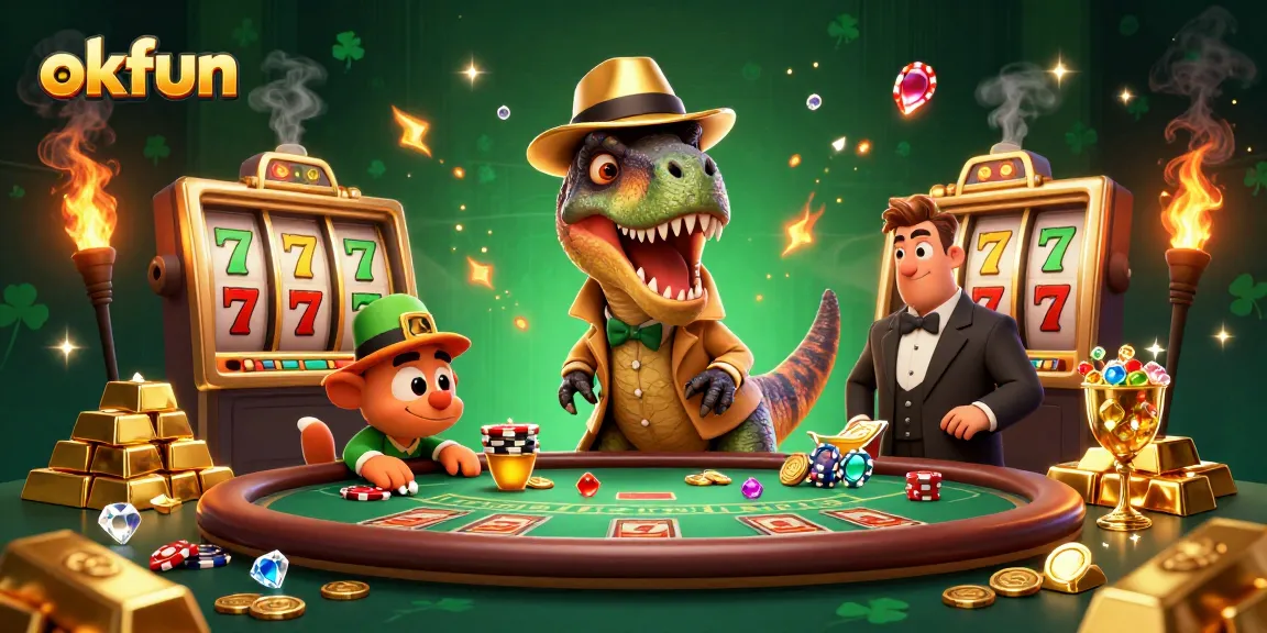 Spin the reels with okfun featuring animated dinosaurs at a vibrant casino scene.