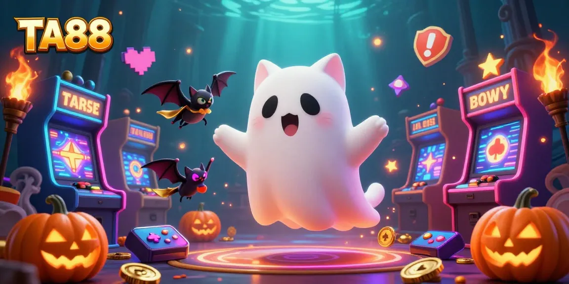 Join TA88's haunted casino adventure with a ghost cat, glowing jackpots, and vibrant slot machines!