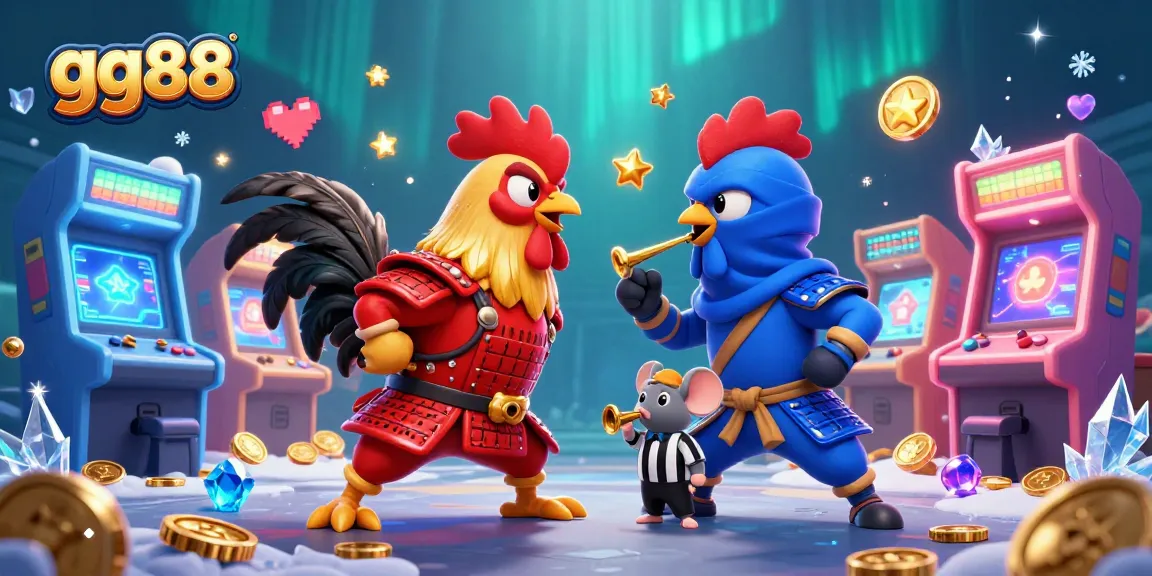 Experience the thrill at gg88 with dynamic 3D cartoon roosters in a gambling showdown, vibrant game elements all around.
