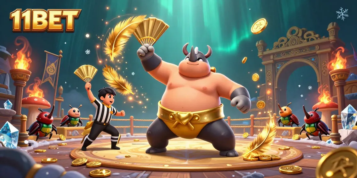 Engage in thrilling wins at 11BET with dynamic gameplay featuring a sumo beetle champion and a cricket referee.