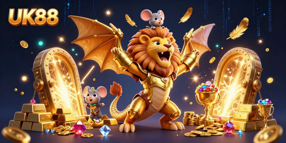 Engage with UK88's thrilling casino experience featuring a majestic chimera and treasures.