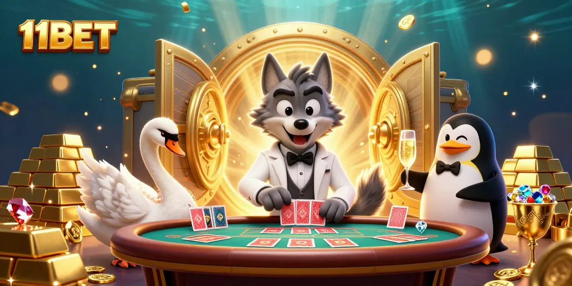 Experience the thrill of 11BET with a stylish wolf, elegant swan, and sophisticated penguin in a dynamic casino scene.