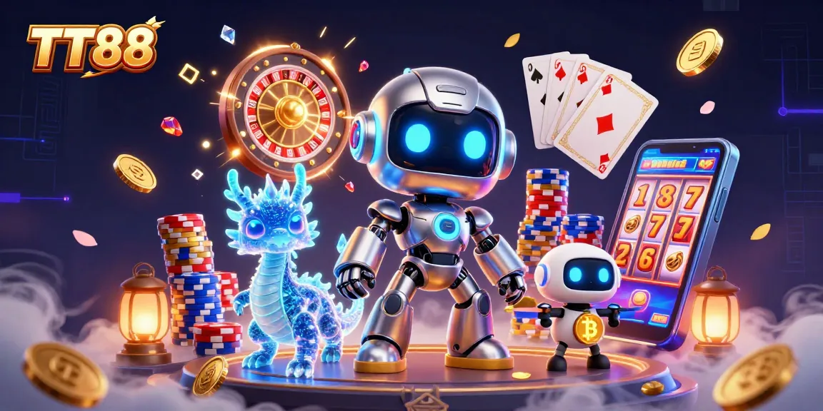 Experience TT88's excitement with a vibrant 3D illustration featuring casino elements and neon characters.