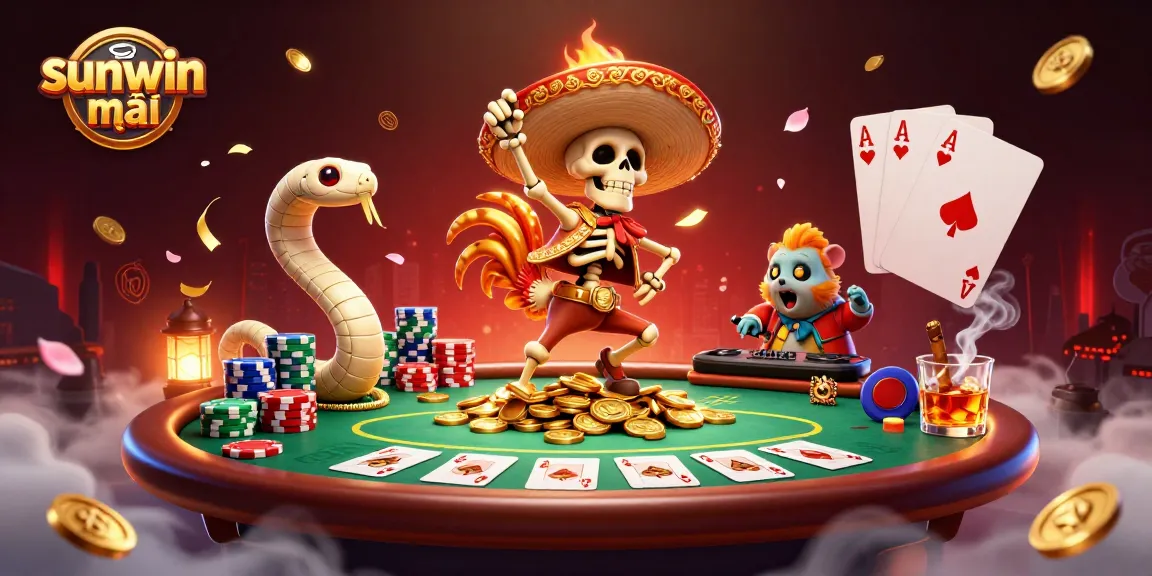 Experience sunwin mới as colorful characters dance on a mound of coins amid an exciting casino scene.