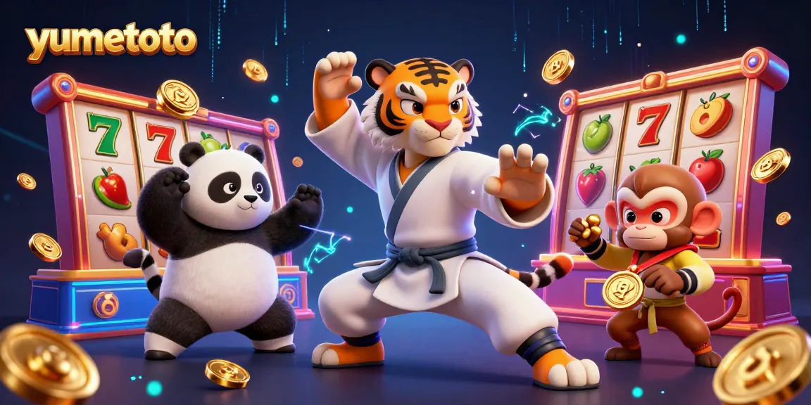 Experience the thrill of yumetoto with a dynamic scene of cartoon characters in a casino setting with vibrant slot machine elements.