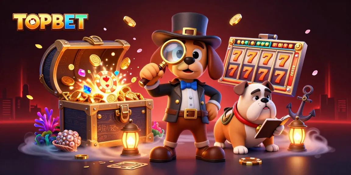 TOPBET detective engaging in adventurous treasure hunt with vibrant gambling elements.