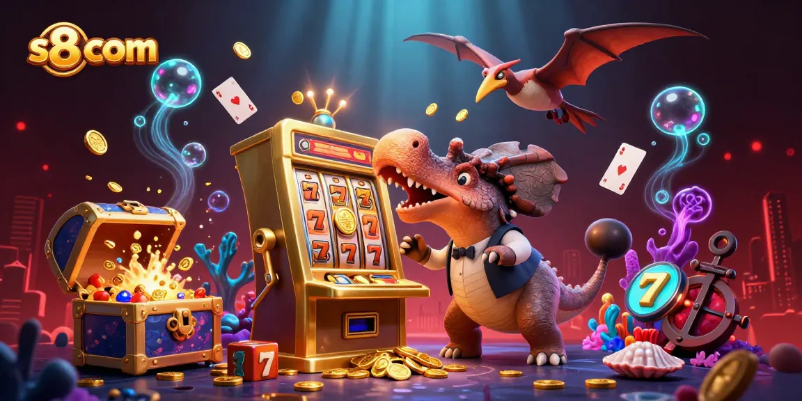 Experience the excitement of s8 com with a visual showdown of animated dinosaurs in a dynamic casino scene.