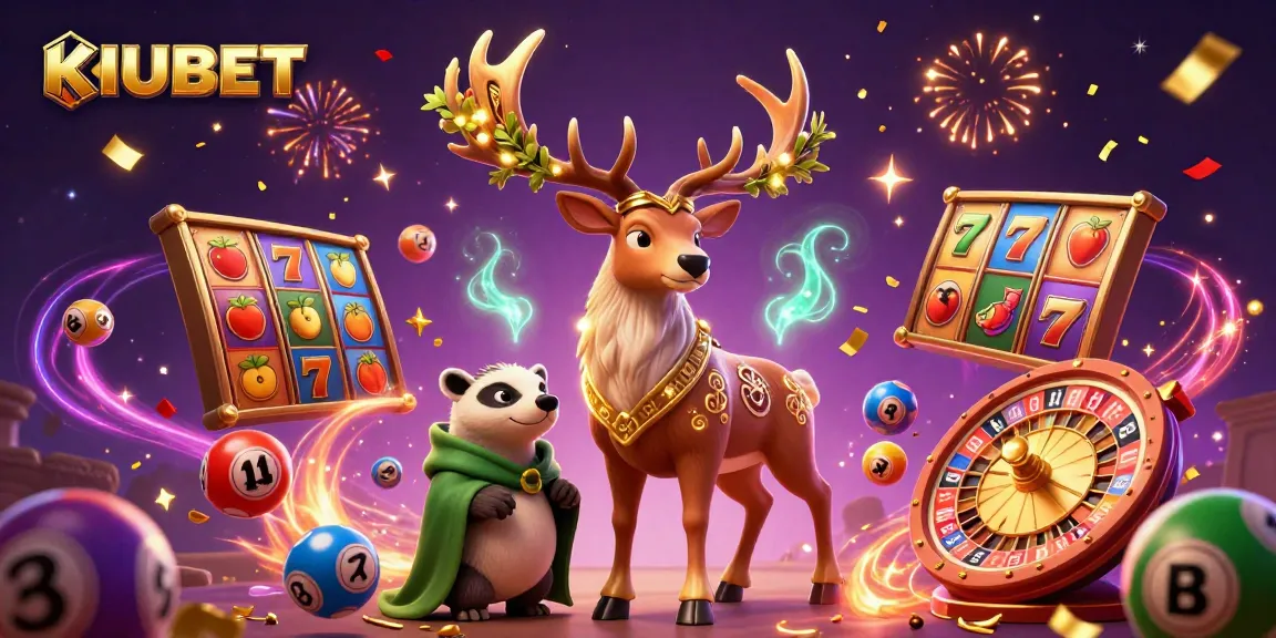 KUBET offers a lively and enchanted 3D casino atmosphere filled with slot reels and colorful elements.