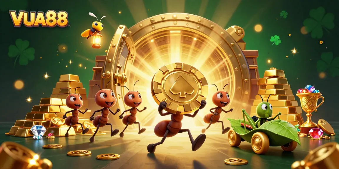 VUA88 ants heist with golden poker chip in a vibrant casino treasure scene