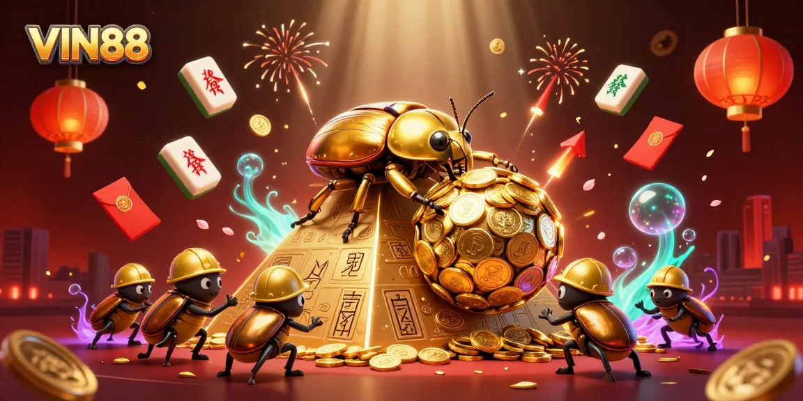 Experience VIN88 with a vibrant 3D illustration featuring golden beetles and casino symbols in action.