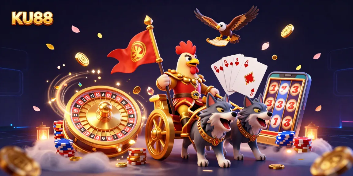 Engage in the thrill of KU88 with a dynamic illustration featuring a rooster warlord in a casino ambiance surrounded by golden coins and gaming elements.