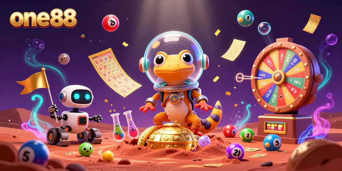 Engage with the vibrant world of one88 casino featuring a Martian gecko discovering treasures.