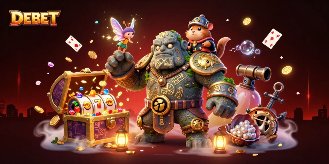 DEBET spins slot reels in a vibrant 3D casino scene bursting with magical elements.