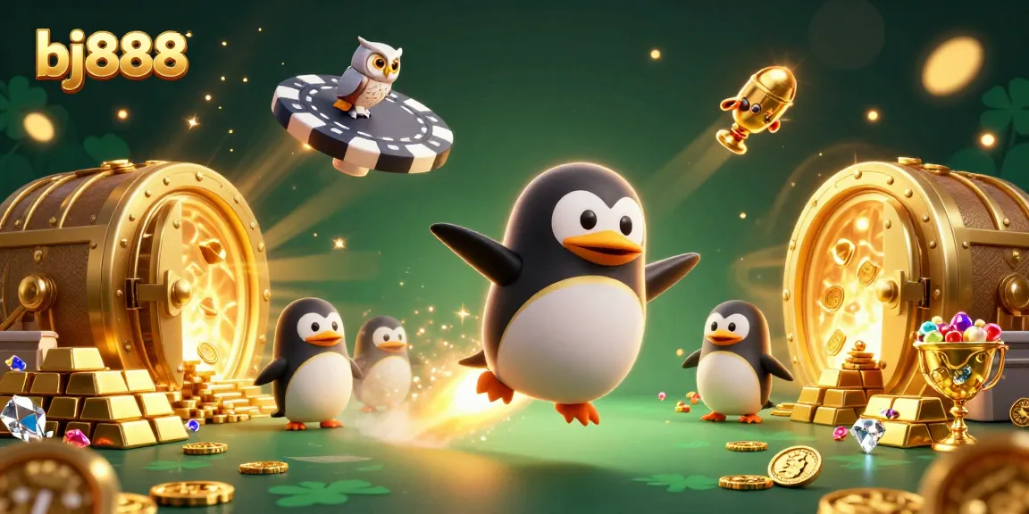 Experience exciting gameplay at bj888 with a golden penguin racing towards a casino-themed space.