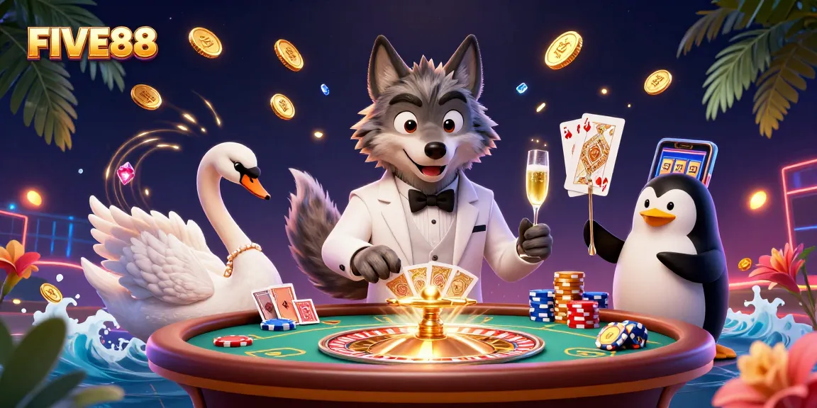 Experience the thrilling atmosphere of FIVE88 with a wolf, swan, and penguin in a dynamic casino scene.