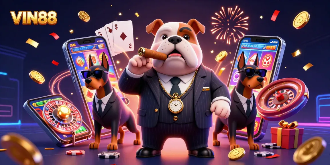 VIN88 casino scene with a bulldog boss, slot game excitement, and festive atmosphere