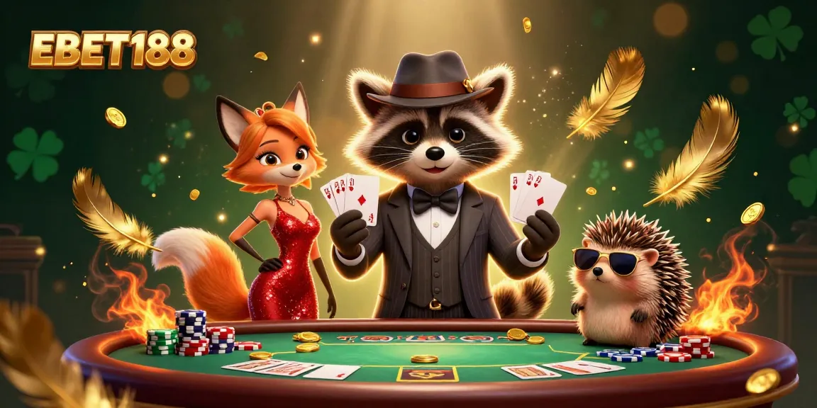 Engage with EBET188's thrilling poker scene featuring a suave raccoon, glamorous fox, and hedgehog bouncer.