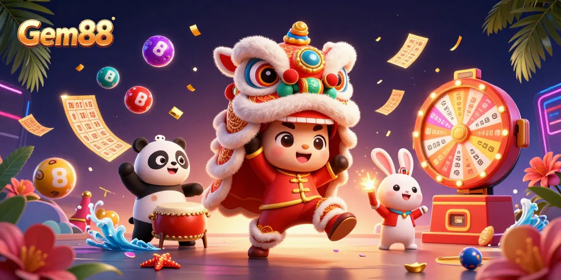 Play exciting games at Gem88 with vibrant lottery balls and a festive casino atmosphere.