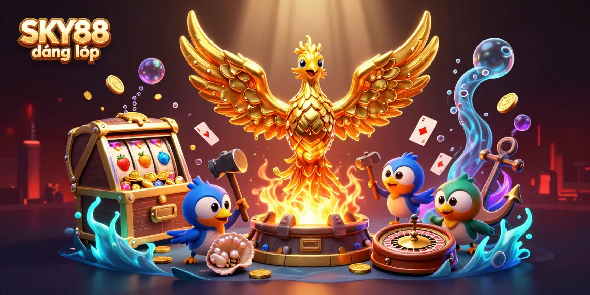 Experience the thrill of SKY88 đăng nhập with a dynamic 3D casino illustration showcasing a golden phoenix and vibrant game elements.