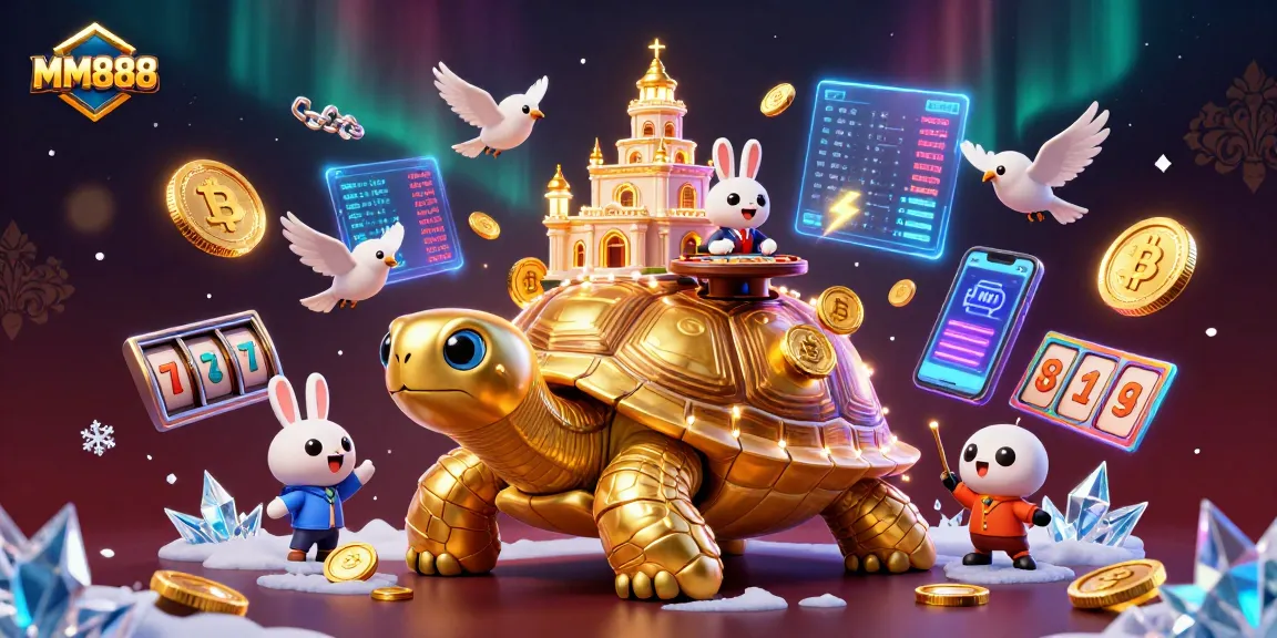 Engage in thrilling MM888 casino adventures with a golden tortoise and rabbit dealer illustration.
