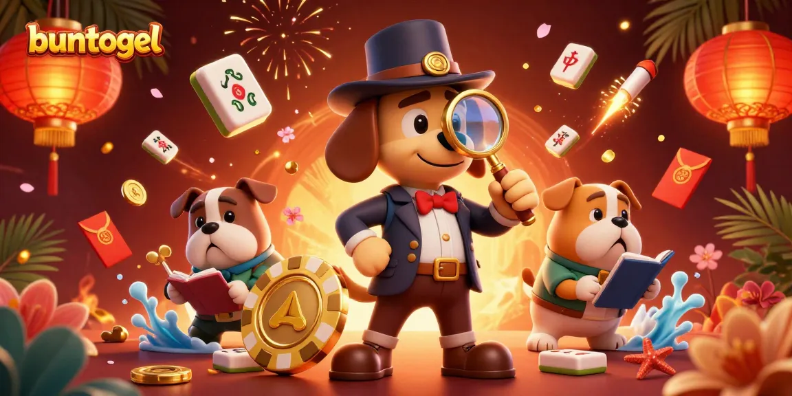 Experience exciting slots at Buntogel with a whimsical scene of a detective and treasure clues.