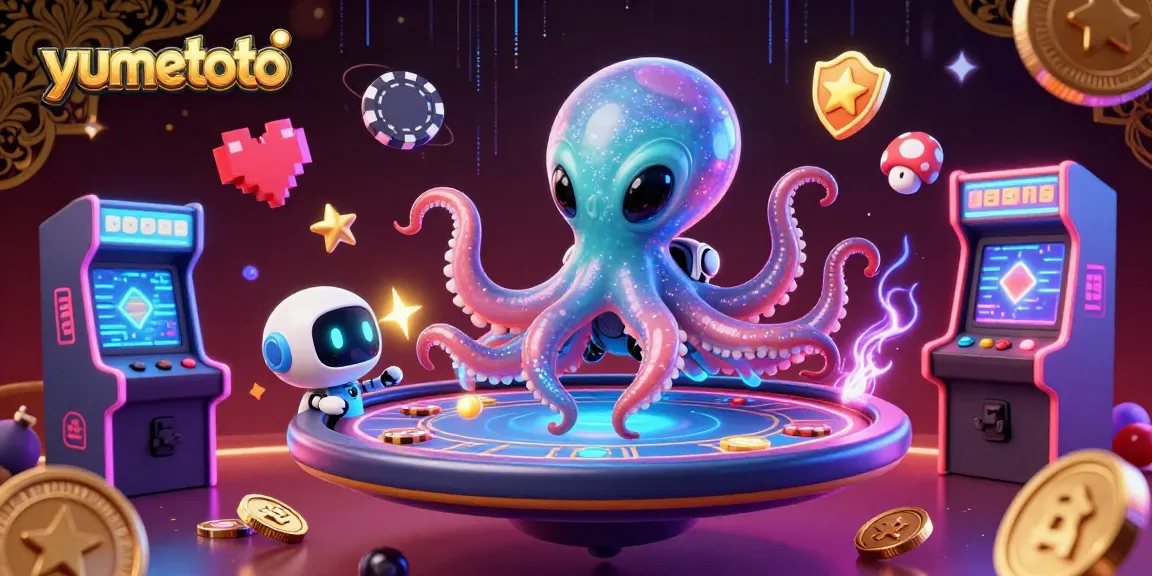Experience seamless gameplay with yumetoto as the alien octopus and robot navigate a vibrant casino.