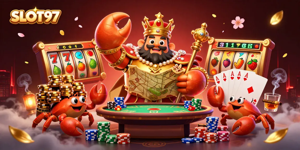 SLOT97 golden crab emperor leading a dynamic game scene with slot reels and chips, showcasing exhilarating casino action.