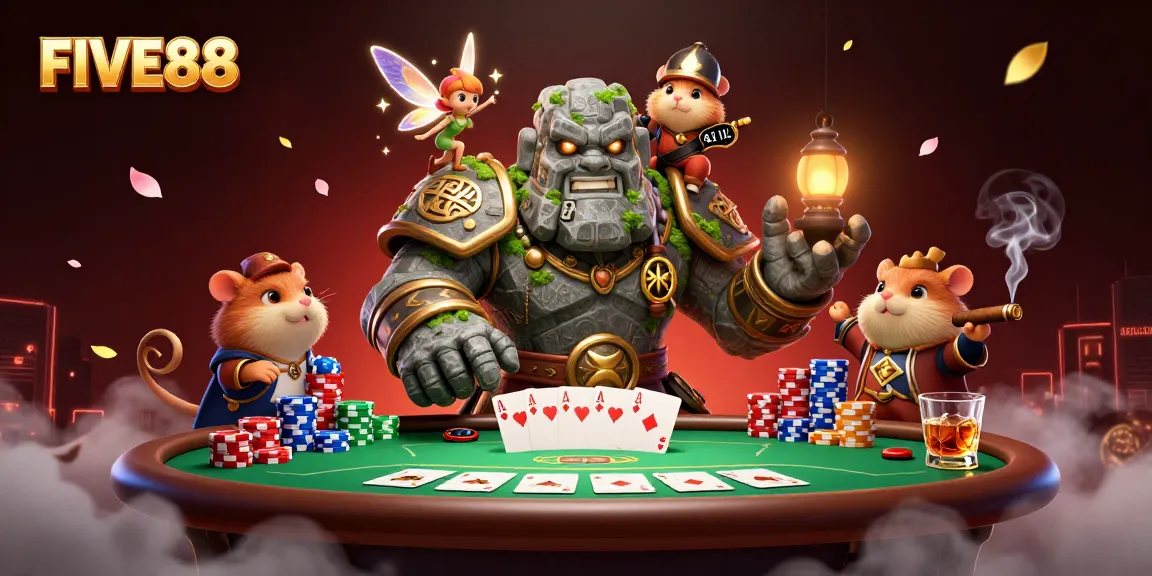 Experience excitement and magic at FIVE88 with a vibrant casino scene featuring a stone golem, fairy, and hamster knight.