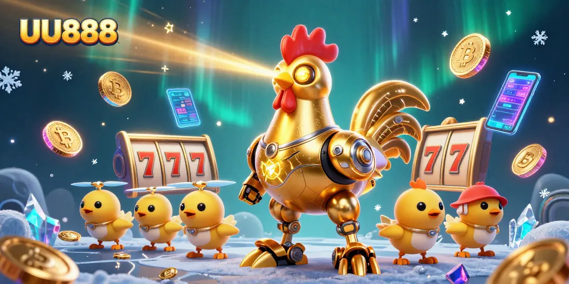 Play dynamic slot games at UU888 with vibrant golden characters and crypto elements.